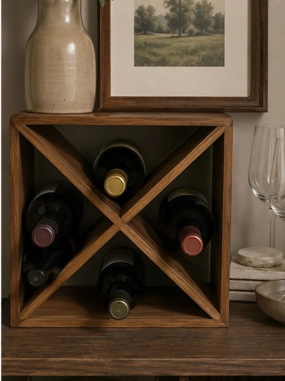 Threshold Acacia Wood 4 Bottle Wine Rack Box or Towel Holder 11” X 11” X 5.5”
